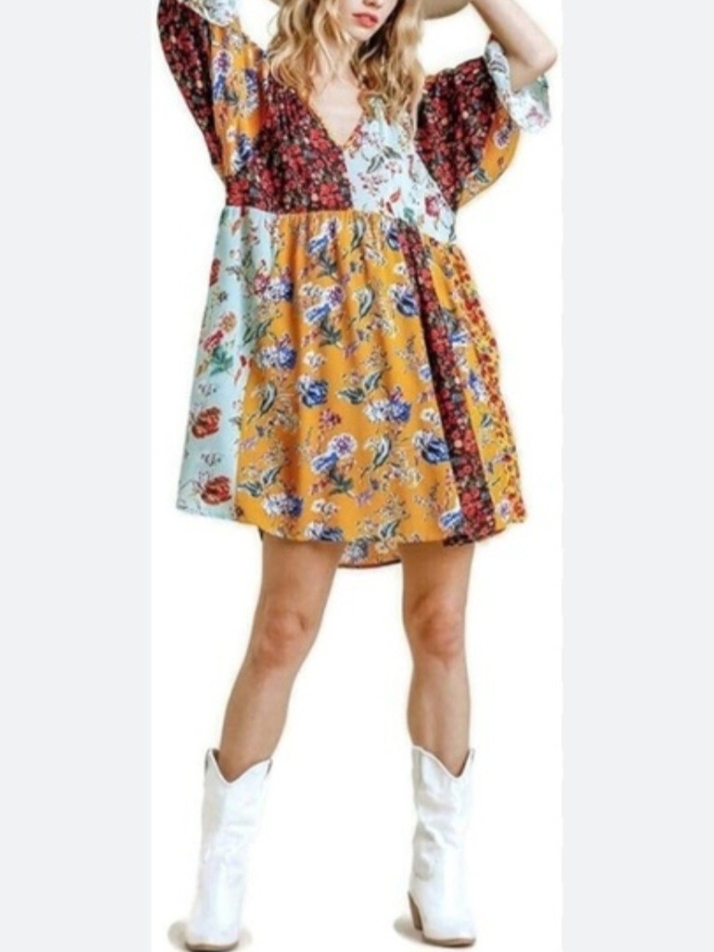 Umgee Boho Floral Mixed Print V- Neck Babydoll Peasant Mini Dress Summer Fall